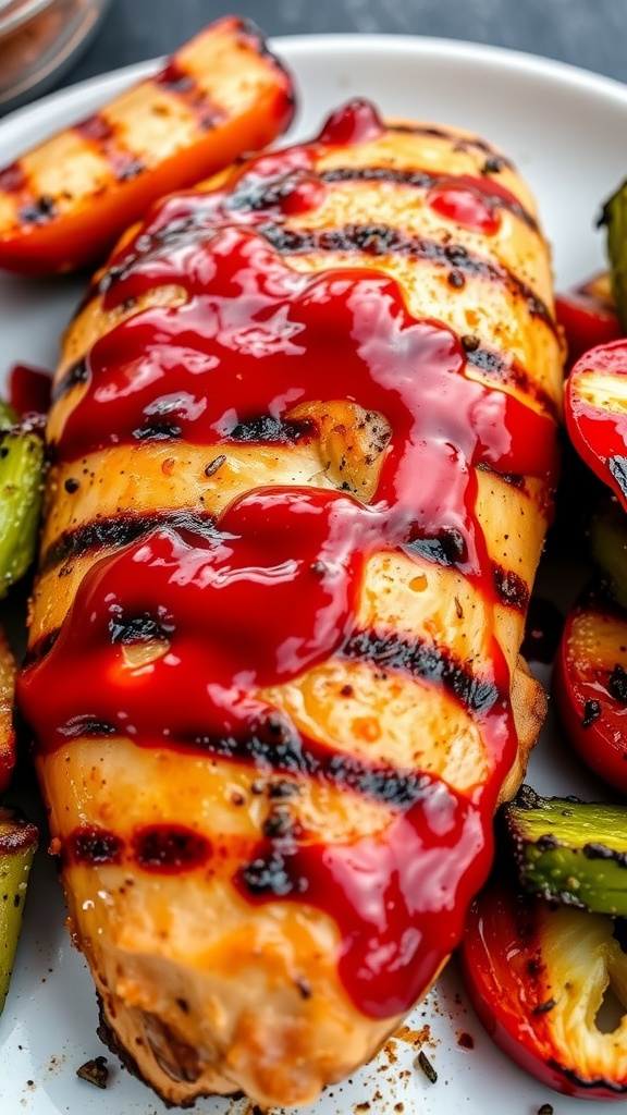 Grilled chicken with barbecue sauce served with grilled vegetables on a plate.